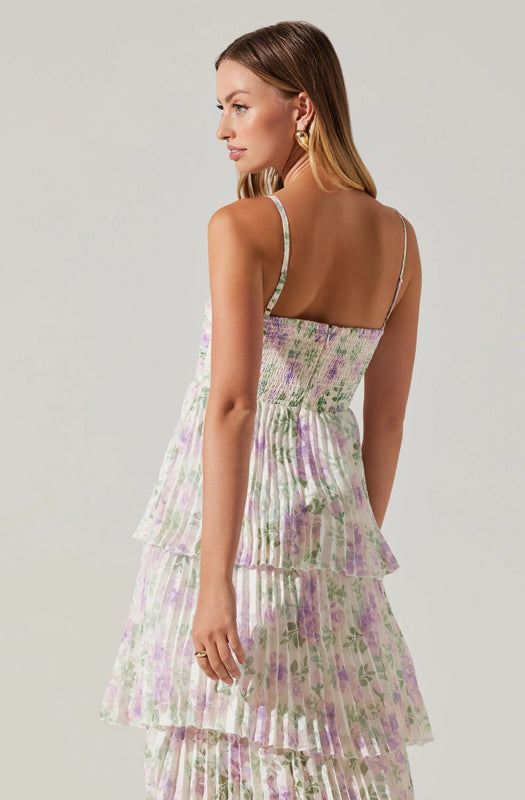 Astr the Label Emmi Front Cutout Tiered Dress in Purple Floral