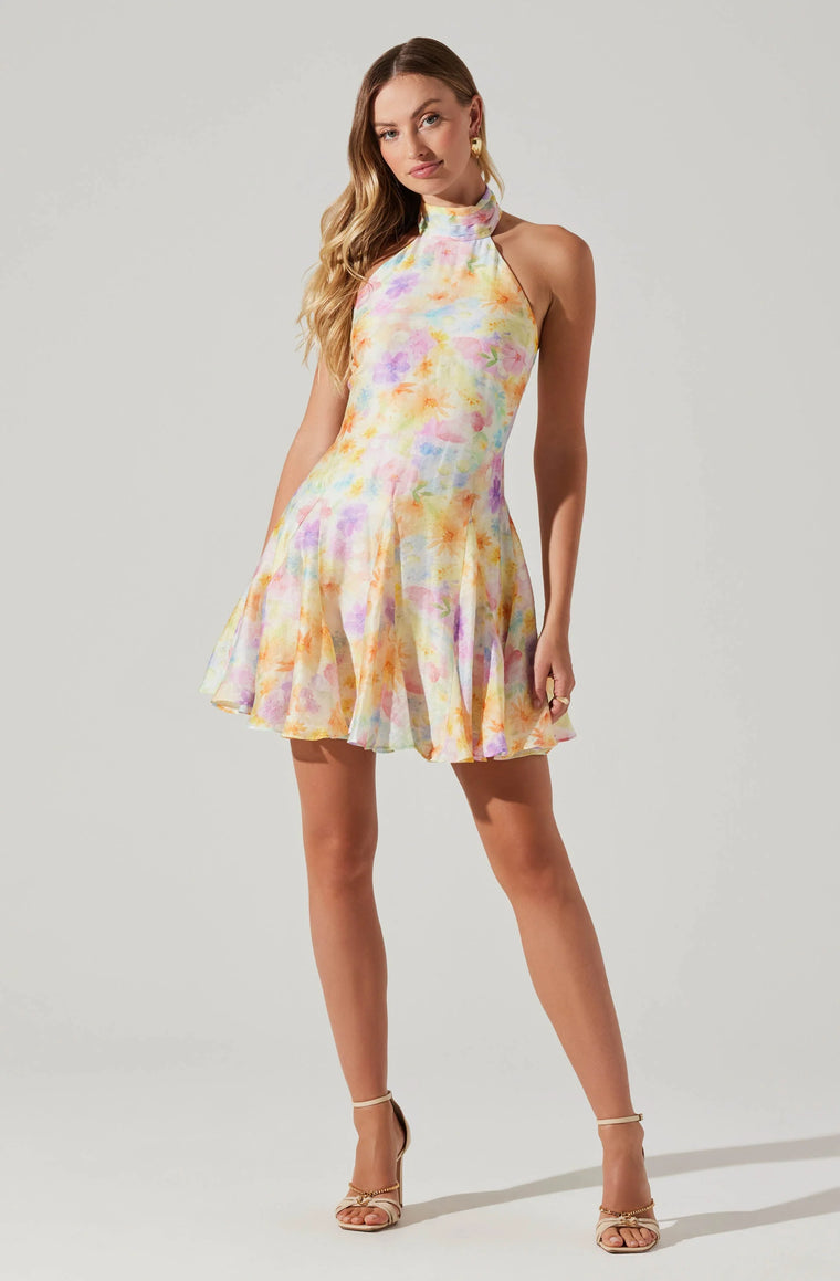 Astr the Label Sommar Halter Neck Dress in Yellow Floral